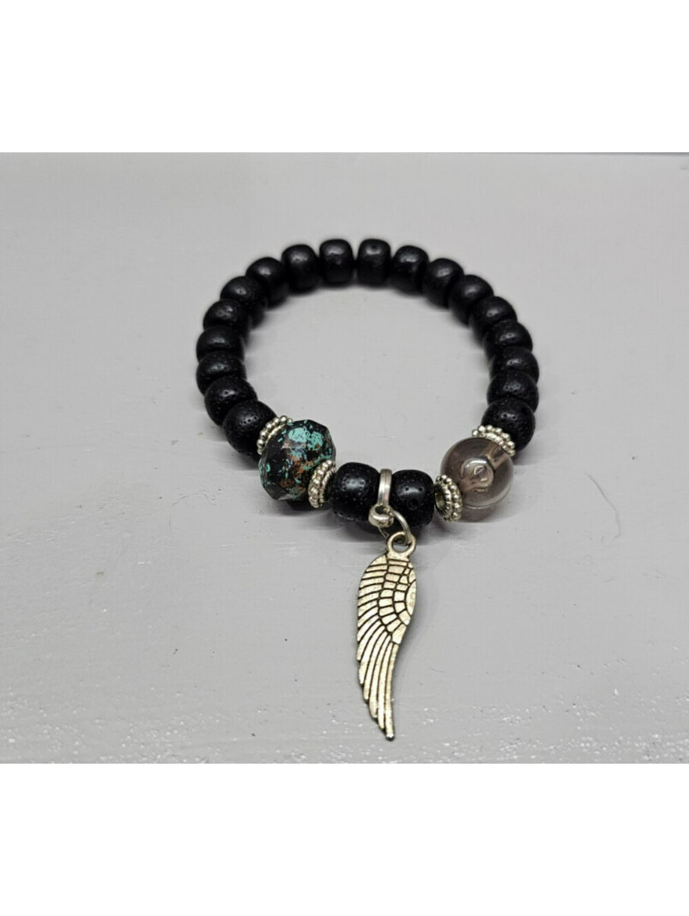 Black Lava Bead Stretch Bracelet Angel Wing Charm Turquoise Accent Boho Jewelry